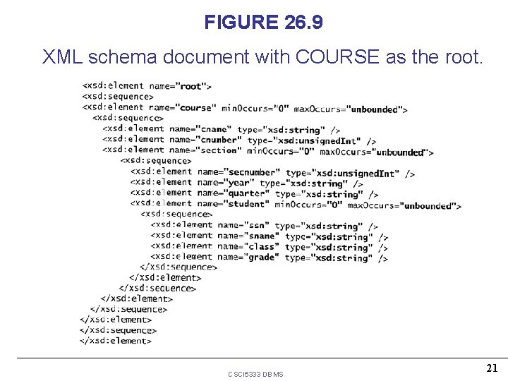 FIGURE 26. 9 XML schema document with COURSE as the root. CSCI 5333 DBMS FIGURE 26. 9 XML schema document with COURSE as the root. CSCI 5333 DBMS
