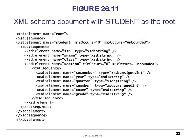 FIGURE 26. 11 XML schema document with STUDENT as the root. CSCI 5333 DBMS FIGURE 26. 11 XML schema document with STUDENT as the root. CSCI 5333 DBMS