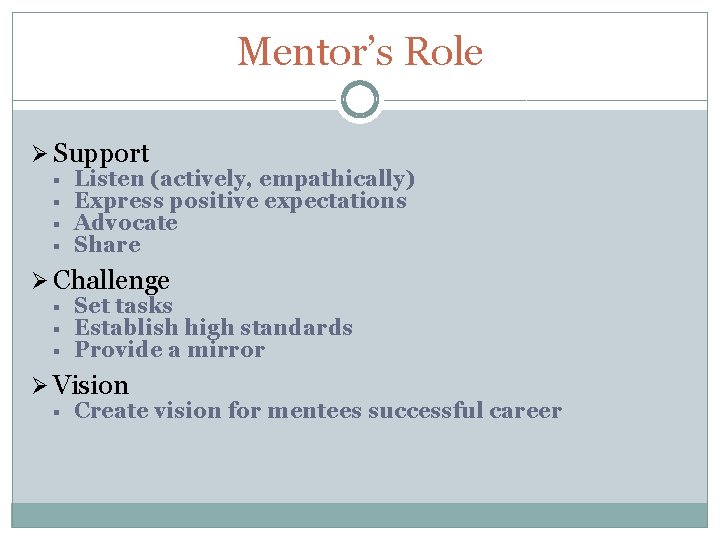 Mentor’s Role Ø Support § § Listen (actively, empathically) Express positive expectations Advocate Share