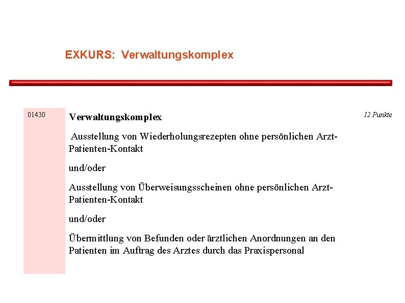 EXKURS: Verwaltungskomplex 01430 Verwaltungskomplex Ausstellung von Wiederholungsrezepten ohne persönlichen Arzt. Patienten-Kontakt und/oder Ausstellung von