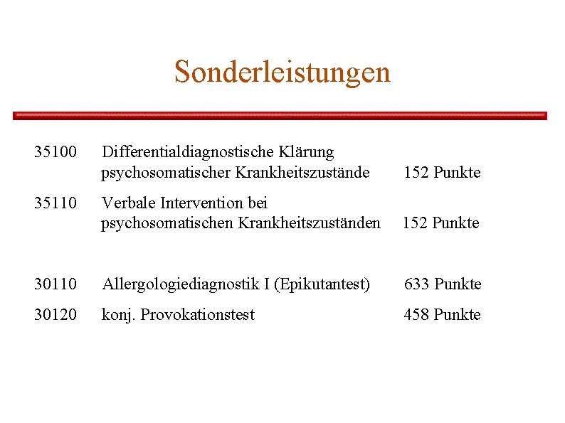 Sonderleistungen 35100 Differentialdiagnostische Klärung psychosomatischer Krankheitszustände 152 Punkte Verbale Intervention bei psychosomatischen Krankheitszuständen 152