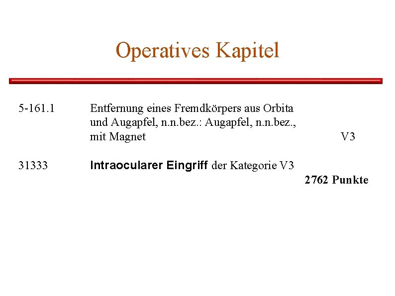 Operatives Kapitel 5 -161. 1 31333 Entfernung eines Fremdkörpers aus Orbita und Augapfel, n.