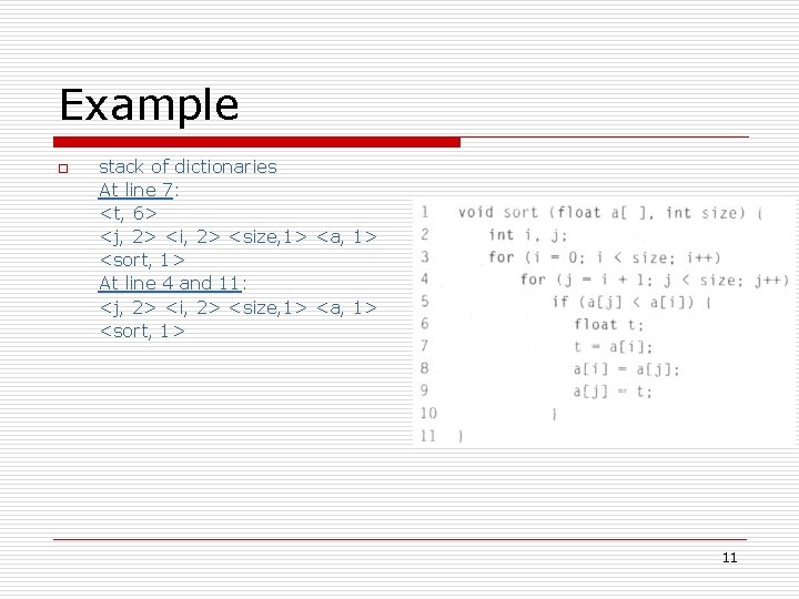 Example o stack of dictionaries At line 7: <t, 6> <j, 2> <i, 2>