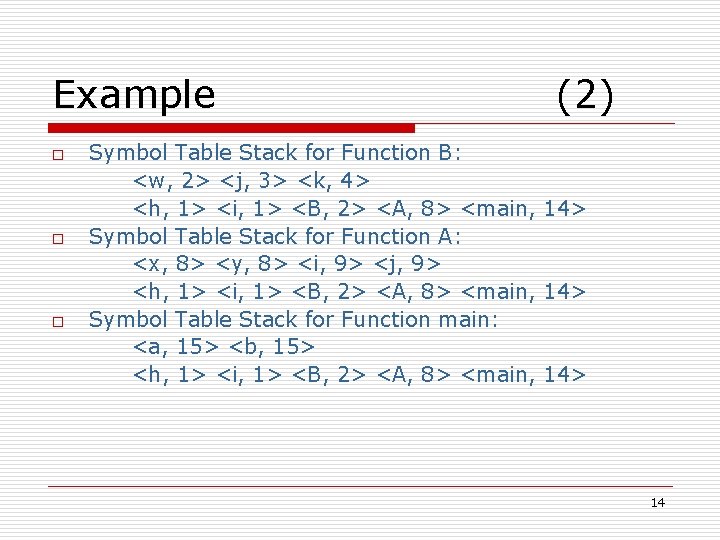 Example o o o (2) Symbol Table Stack for Function B: <w, 2> <j,