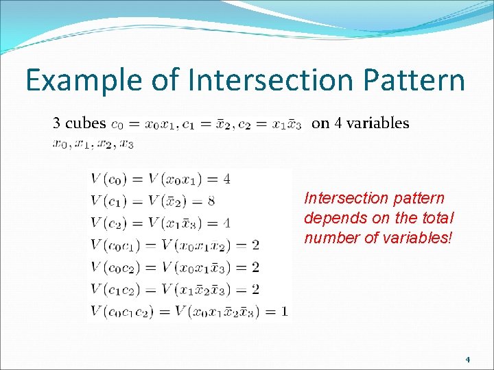 Example of Intersection Pattern 3 cubes on 4 variables Intersection pattern depends on the