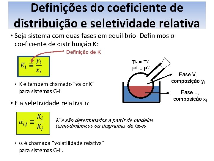 Definições do coeficiente de distribuição e seletividade relativa • Seja sistema com duas fases