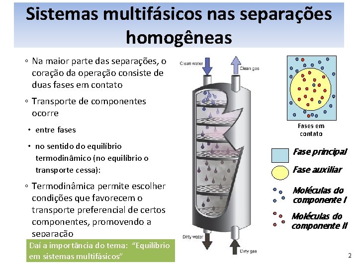 Sistemas multifásicos nas separações homogêneas ◦ Na maior parte das separações, o coração da