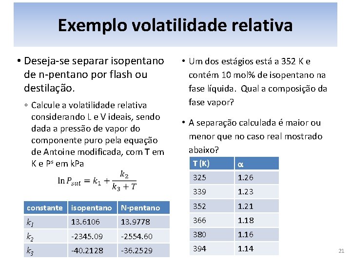 Exemplo volatilidade relativa • Deseja-se separar isopentano de n-pentano por flash ou destilação. ◦