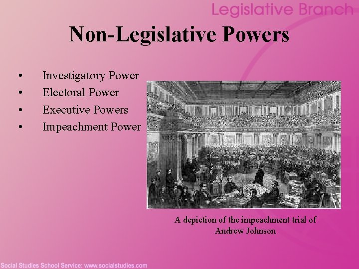 Non-Legislative Powers • • Investigatory Power Electoral Power Executive Powers Impeachment Power A depiction