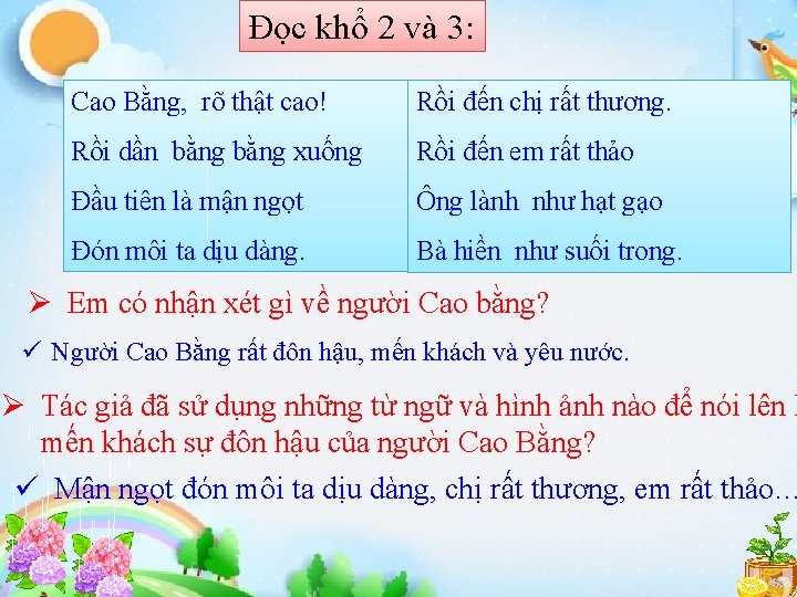 Đọc khổ 2 và 3: Cao Bằng, rõ thật cao! Rồi đến chị rất