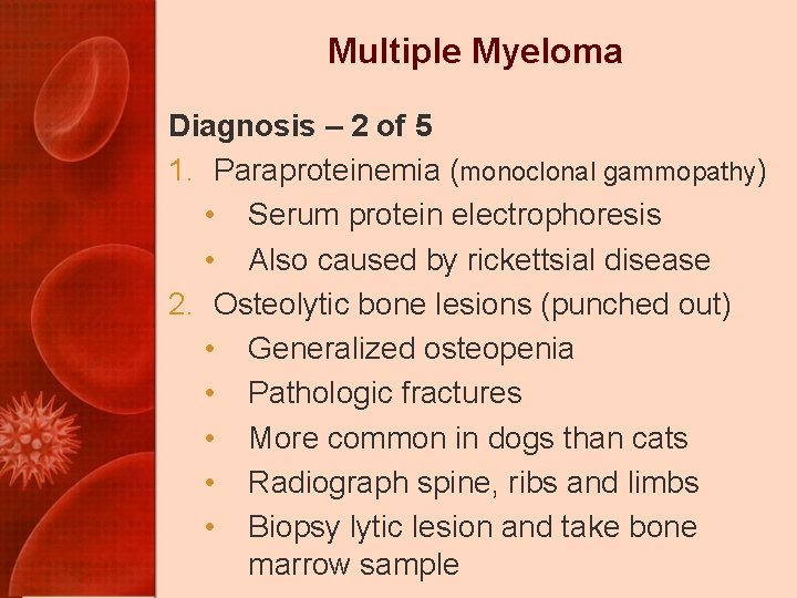Multiple Myeloma Diagnosis – 2 of 5 1. Paraproteinemia (monoclonal gammopathy) • Serum protein