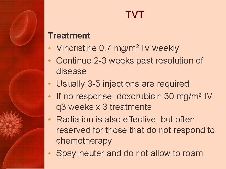 TVT Treatment • Vincristine 0. 7 mg/m 2 IV weekly • Continue 2 -3