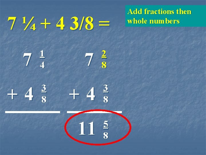 7 ¼ + 4 3/8 = 7 1 4 +4 3 8 7 2