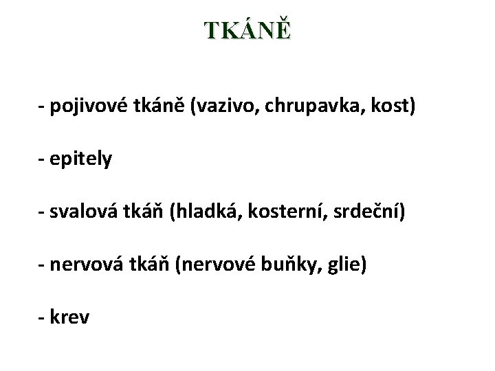 TKÁNĚ - pojivové tkáně (vazivo, chrupavka, kost) - epitely - svalová tkáň (hladká, kosterní,