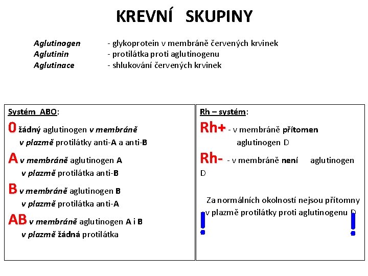 KREVNÍ SKUPINY Aglutinogen Aglutinin Aglutinace - glykoprotein v membráně červených krvinek - protilátka proti