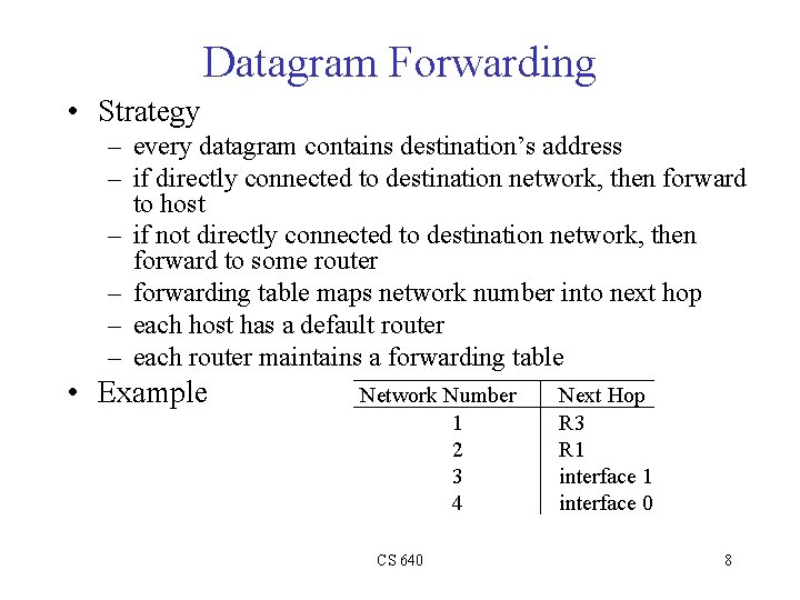 Datagram Forwarding • Strategy – every datagram contains destination’s address – if directly connected