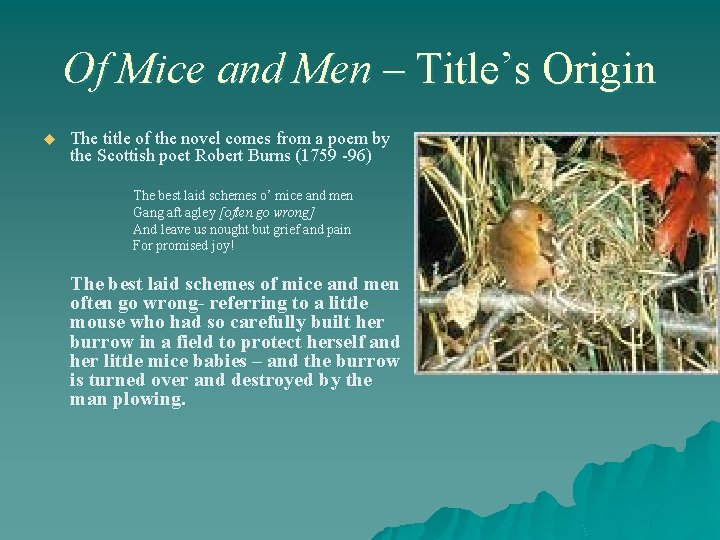 Of Mice and Men – Title’s Origin u The title of the novel comes