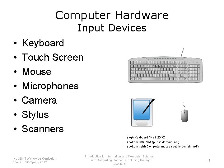 Computer Hardware Input Devices • • Keyboard Touch Screen Mouse Microphones Camera Stylus Scanners