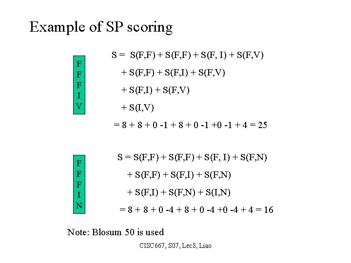 Example of SP scoring F F F I V S = S(F, F) +