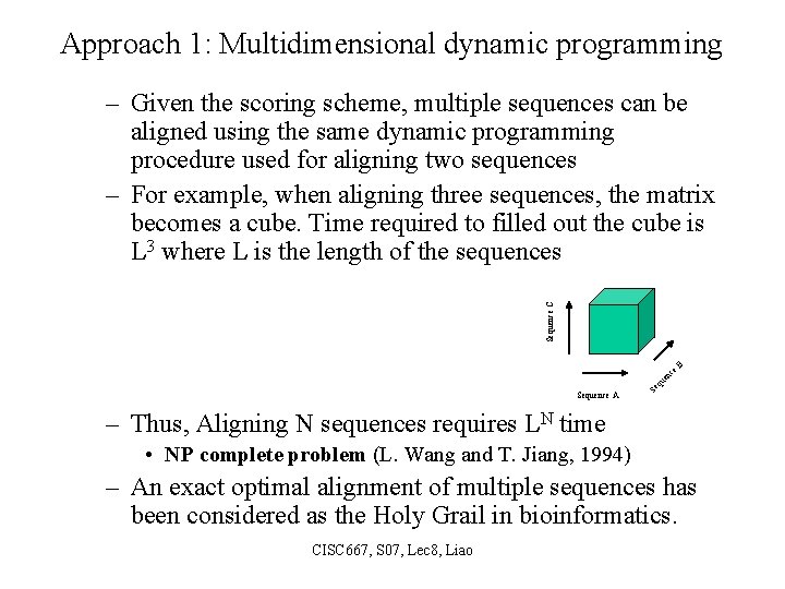 Approach 1: Multidimensional dynamic programming Sequence C – Given the scoring scheme, multiple sequences