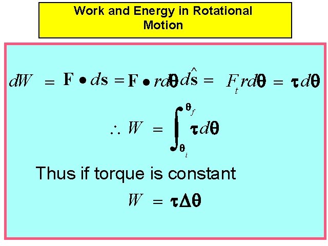 Work and Energy in Rotational Motion ^ d. W = F · d s Work and Energy in Rotational Motion ^ d. W = F · d s