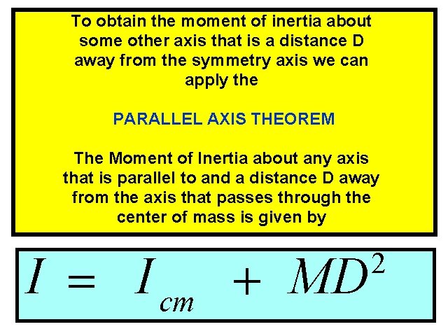 To obtain the moment of inertia about some other axis that is a distance To obtain the moment of inertia about some other axis that is a distance