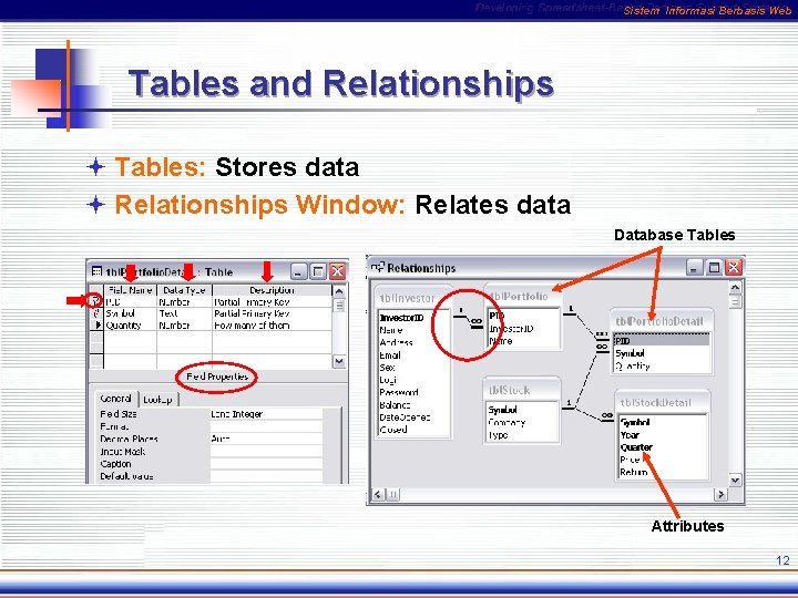 Sistem Informasi Berbasis Web Tables and Relationships ª Tables: Stores data ª Relationships Window: