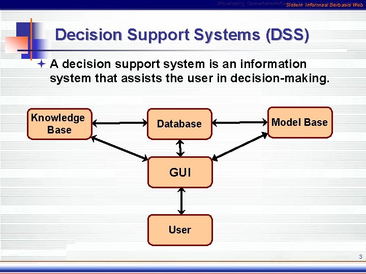 Sistem Informasi Berbasis Web Decision Support Systems (DSS) ª A decision support system is