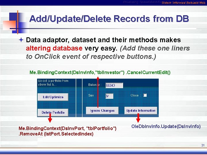 Sistem Informasi Berbasis Web Add/Update/Delete Records from DB ª Data adaptor, dataset and their