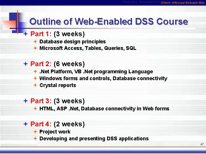 Sistem Informasi Berbasis Web Outline of Web-Enabled DSS Course ª Part 1: (3 weeks)