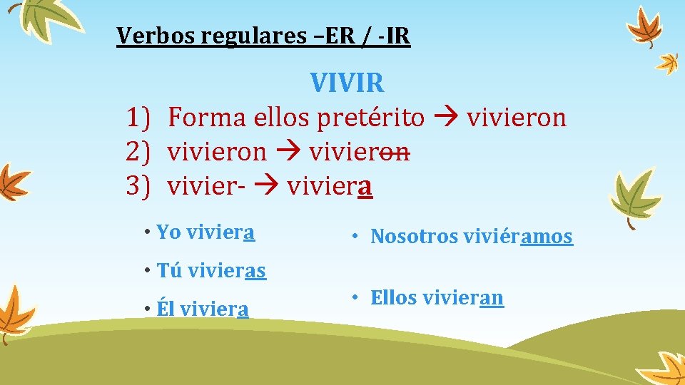 Verbos regulares –ER / -IR VIVIR 1) Forma ellos pretérito vivieron 2) vivieron 3)