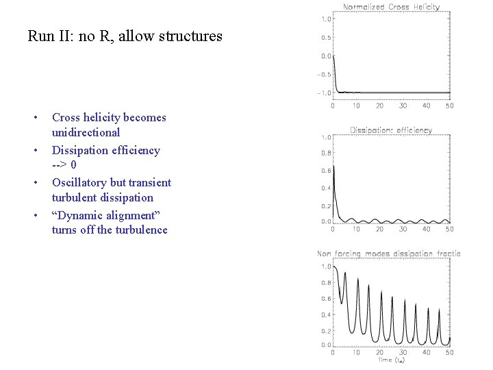 Run II: no R, allow structures • • Cross helicity becomes unidirectional Dissipation efficiency