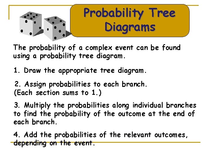 Probability Tree Diagrams The probability of a complex event can be found using a