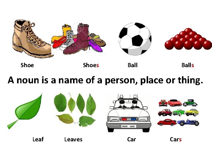 Shoes Balls A noun is a name of a person, place or thing. Leaf