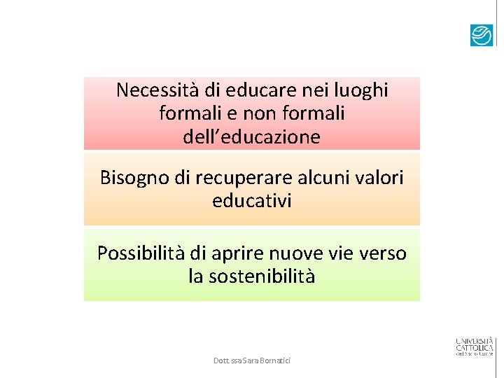 Necessità di educare nei luoghi formali e non formali dell’educazione Bisogno di recuperare alcuni