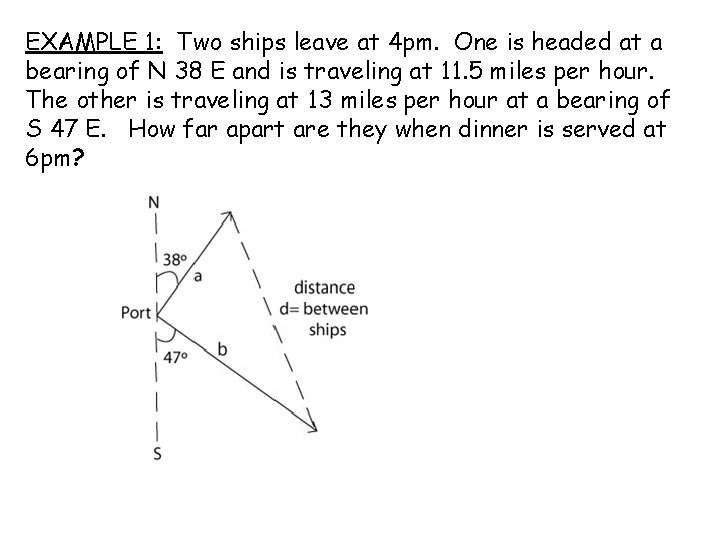 EXAMPLE 1: Two ships leave at 4 pm. One is headed at a bearing