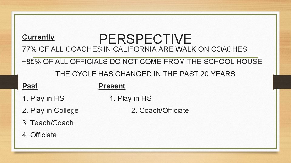 PERSPECTIVE Currently 77% OF ALL COACHES IN CALIFORNIA ARE WALK ON COACHES ~85% OF