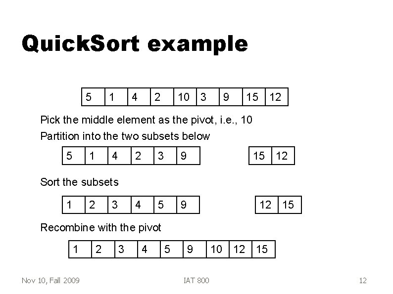 Quick. Sort example 5 1 4 2 10 3 9 15 12 Pick the