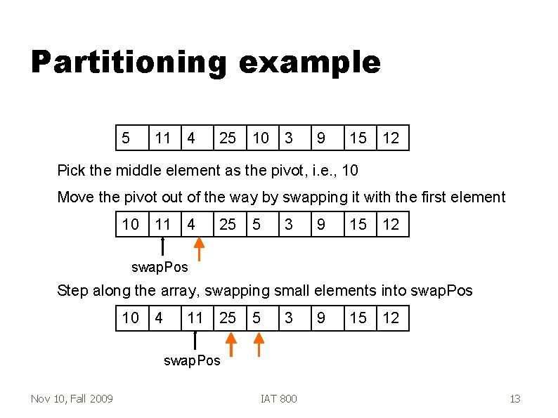 Partitioning example 5 11 4 25 10 3 9 15 12 Pick the middle