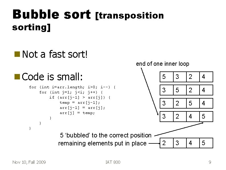 Bubble sorting] g Not [transposition a fast sort! end of one inner loop g