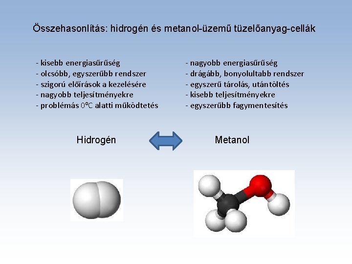 Összehasonlítás: hidrogén és metanol-üzemű tüzelőanyag-cellák - kisebb energiasűrűség - olcsóbb, egyszerűbb rendszer - szigorú