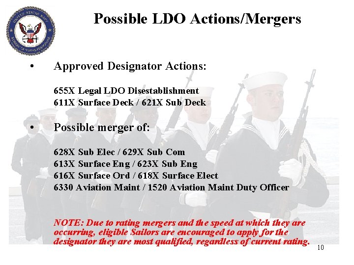 Possible LDO Actions/Mergers • Approved Designator Actions: 655 X Legal LDO Disestablishment 611 X