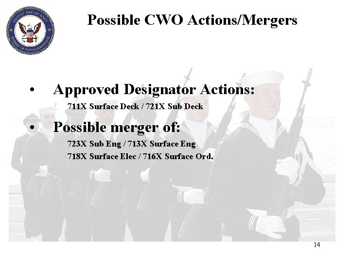 Possible CWO Actions/Mergers • Approved Designator Actions: 711 X Surface Deck / 721 X