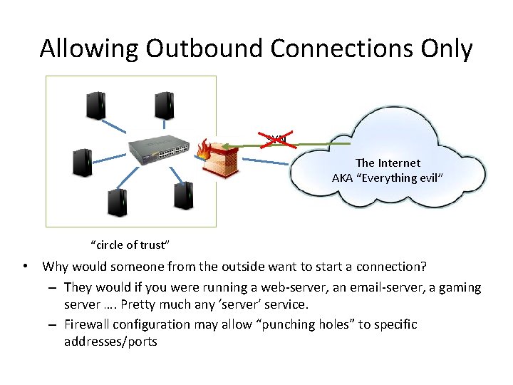 Allowing Outbound Connections Only SYN The Internet AKA “Everything evil” “circle of trust” •