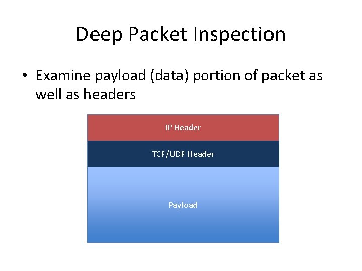 Deep Packet Inspection • Examine payload (data) portion of packet as well as headers