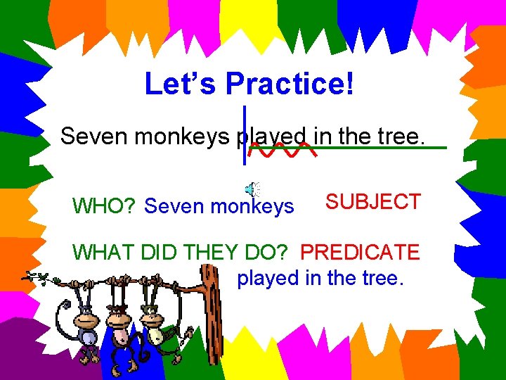 Let’s Practice! Seven monkeys played in the tree. WHO? Seven monkeys SUBJECT WHAT DID