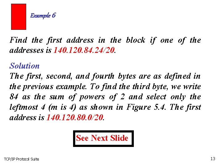 Example 6 Find the first address in the block if one of the addresses