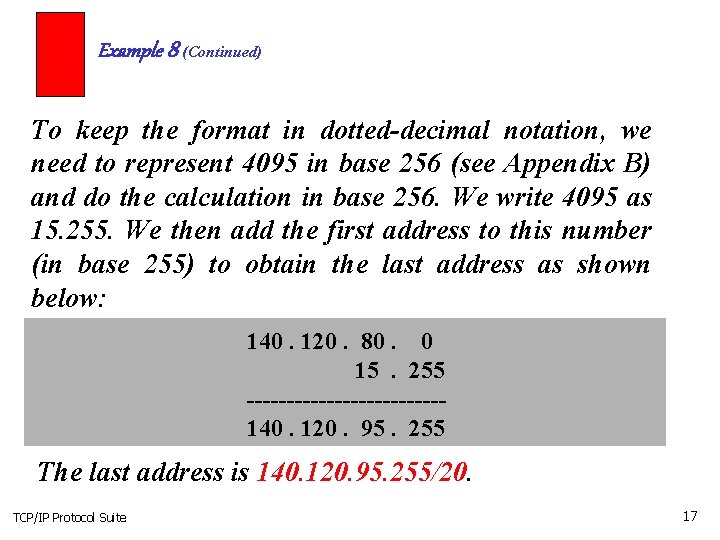 Example 8 (Continued) To keep the format in dotted-decimal notation, we need to represent