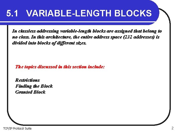 5. 1 VARIABLE-LENGTH BLOCKS In classless addressing variable-length blocks are assigned that belong to