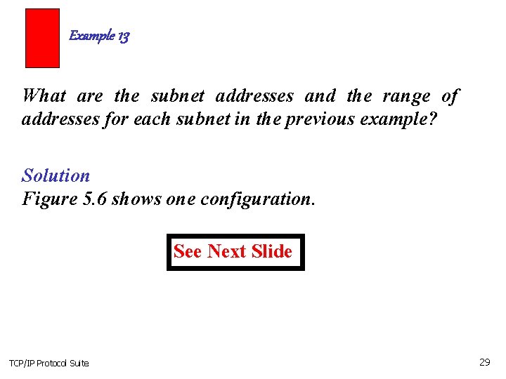 Example 13 What are the subnet addresses and the range of addresses for each